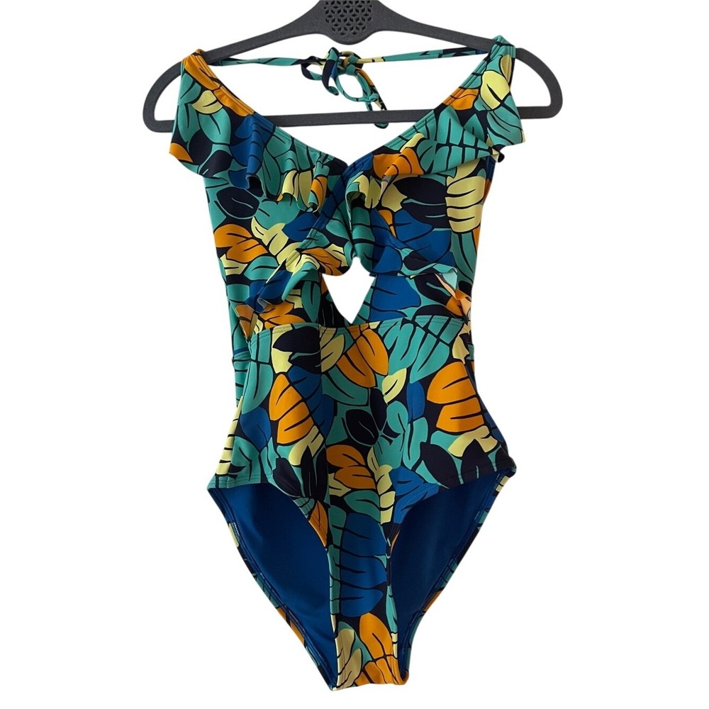 aerie Blue & Teal Tropical One-Piece Swimsuit Medium